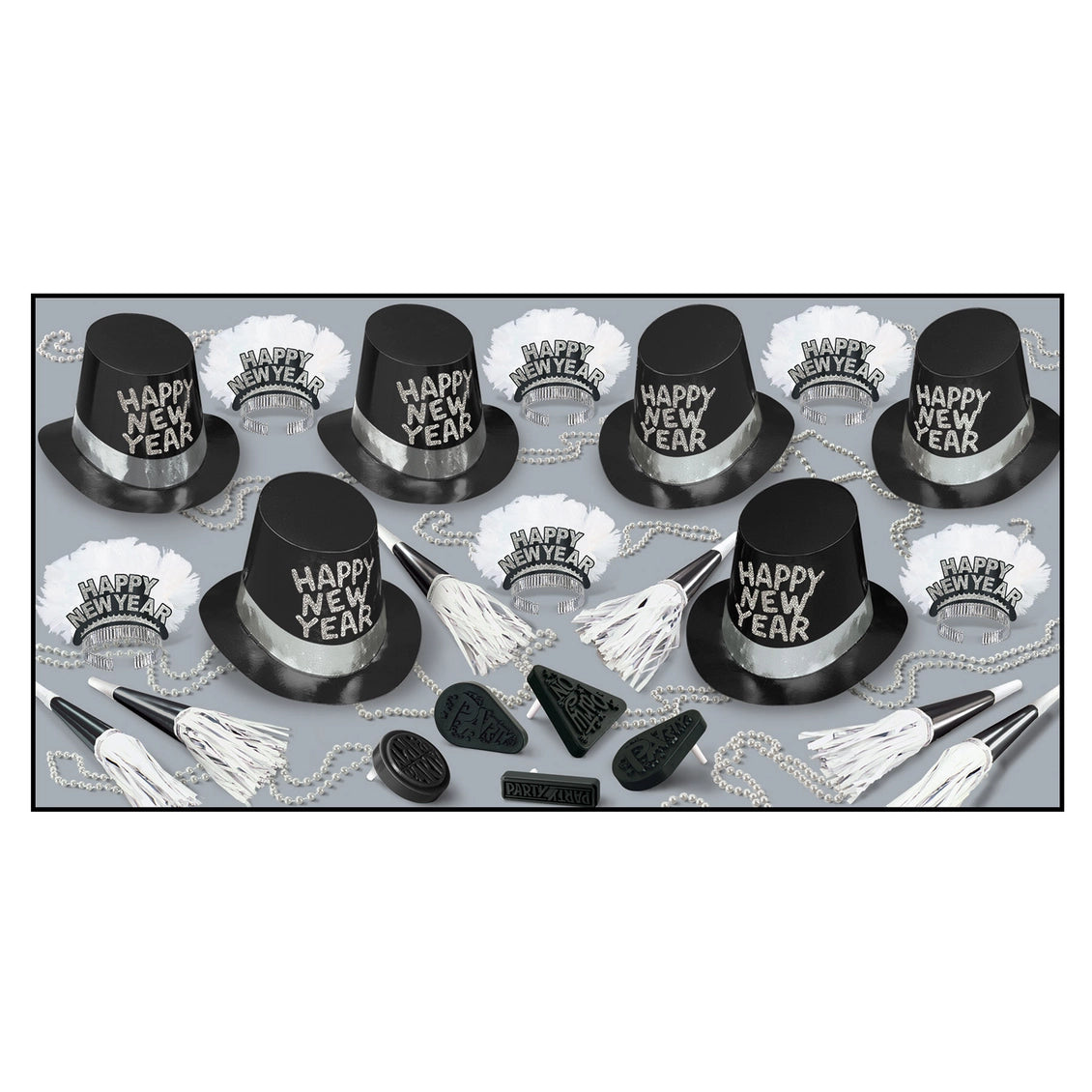 Set of black and silver New Year's hats with 'Happy New Year' text on a white background.