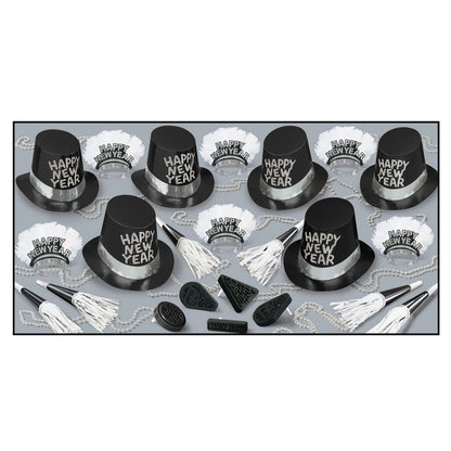Set of black and silver New Year's hats with 'Happy New Year' text on a white background.