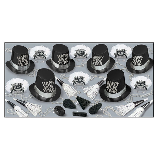 Set of black and silver New Year's hats with 'Happy New Year' text on a white background.