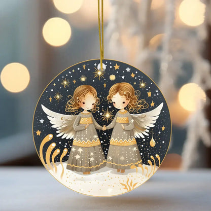 Decorative ornament with two angelic figures holding hands against a starry night sky.