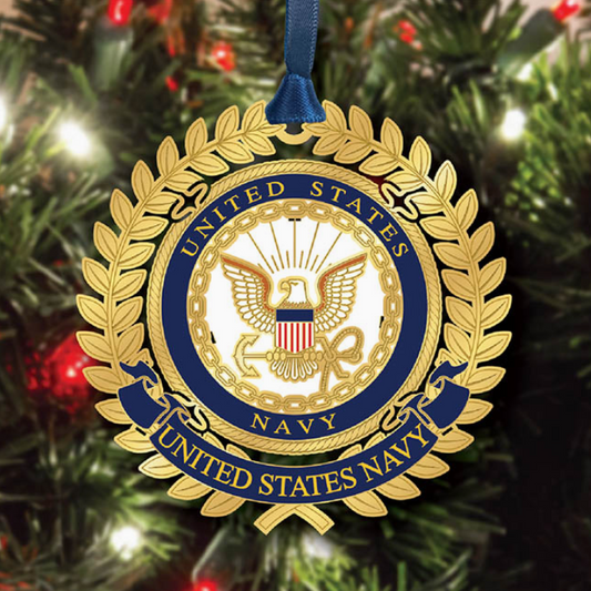 United States Navy ornament on a Christmas tree