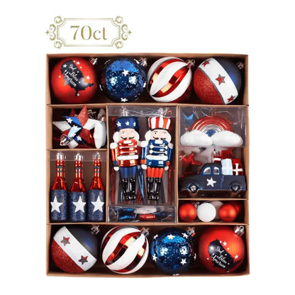 Box of patriotic Christmas ornaments with red, white, and blue colors.