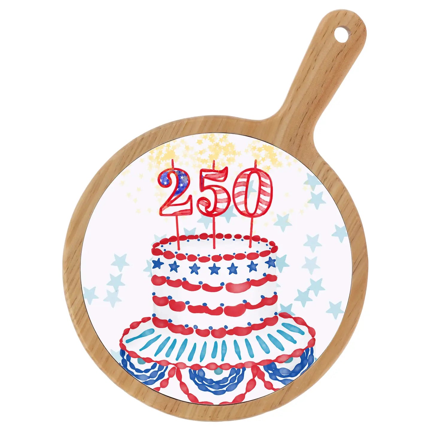 Round cutting board with a cake design featuring '250' candles on a white background