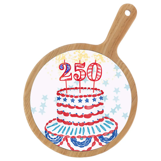 Round cutting board with a cake design featuring '250' candles on a white background