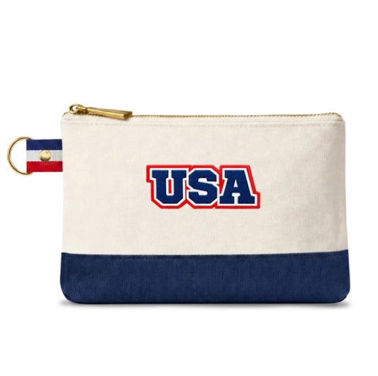 Canvas pouch with 'USA' text and American flag tag on a white background