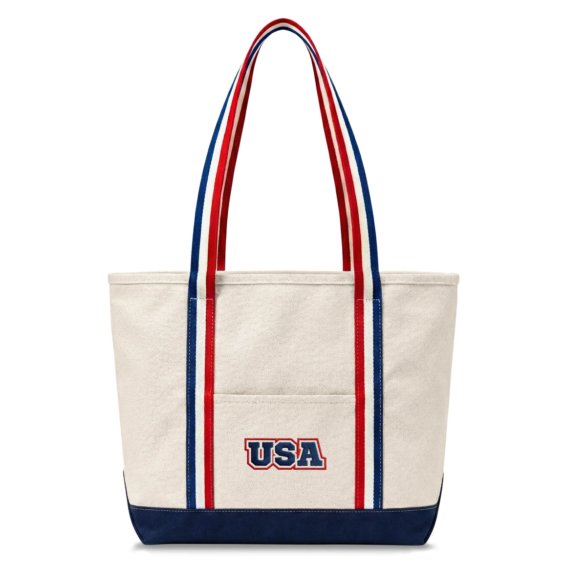 Beige tote bag with red and blue handles and 'USA' logo on a white background