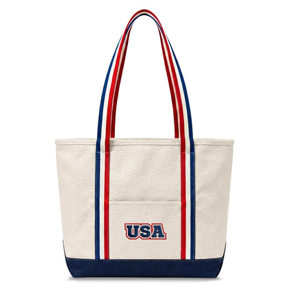 Beige tote bag with red and blue handles and 'USA' logo on a white background