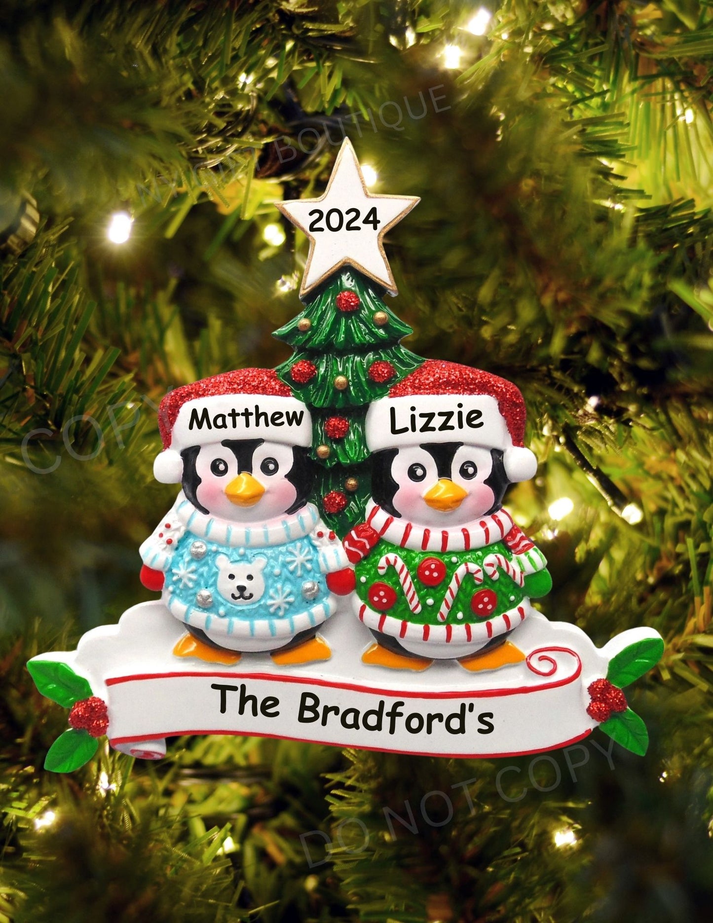 Ugly Sweater Penguin Family Personalized Ornament