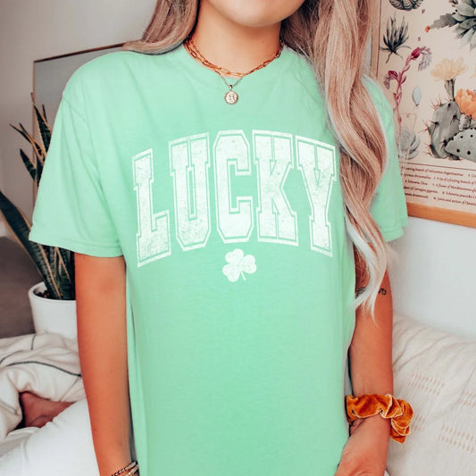 Varsity Letter Lucky Shamrock Comfort Color Tee
