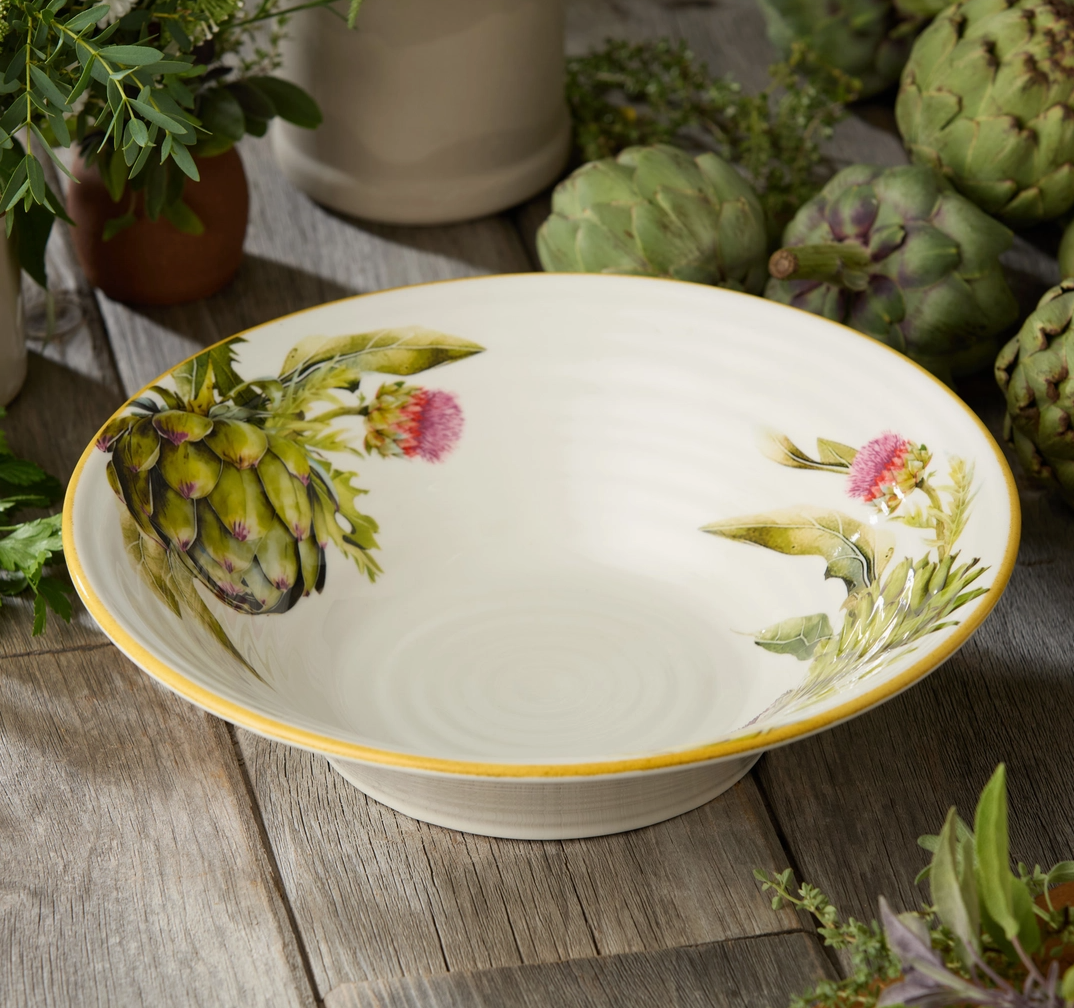 Certified International Verdura stoneware pasta bowl with artichoke, herb and floral botanical design and golden rim