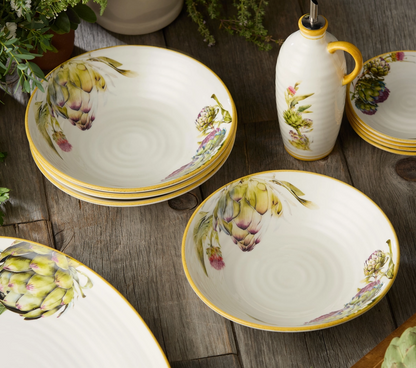 Set of four Certified International Verdura stoneware pasta bowls with artichoke botanical designs and golden-tone rims