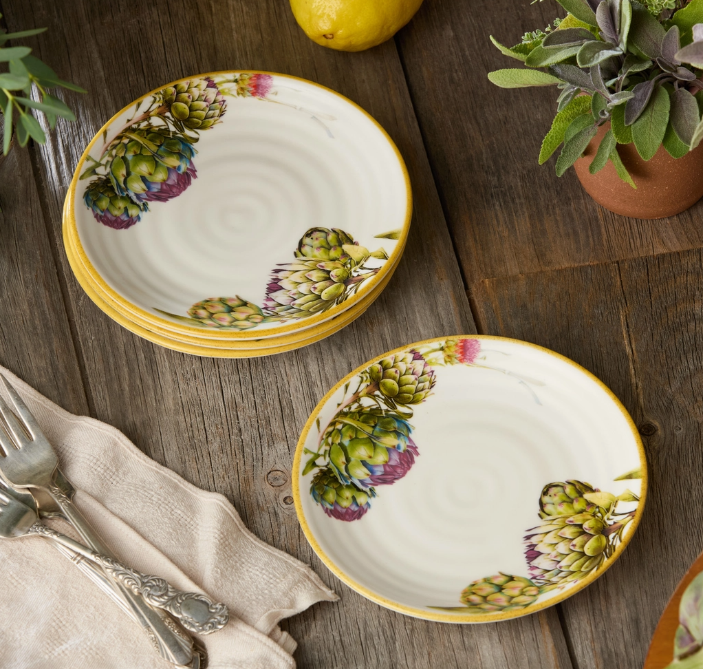 Set of four Certified International Verdura Carciofi stoneware canapé plates with colorful artichoke designs and golden-tone rims