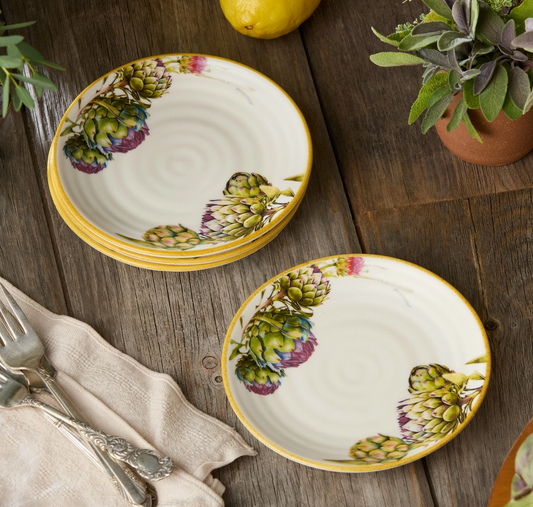 Set of four Certified International Verdura Carciofi stoneware canapé plates with colorful artichoke designs and golden-tone rims