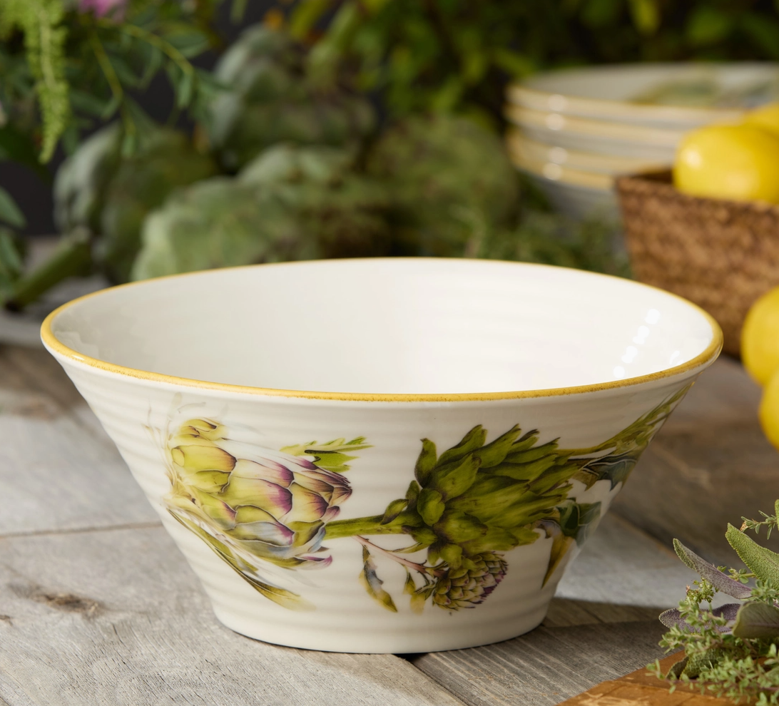 Certified International Verdura Carciofi deep stoneware serving bowl with green and purple artichoke botanical design and golden-tone rim