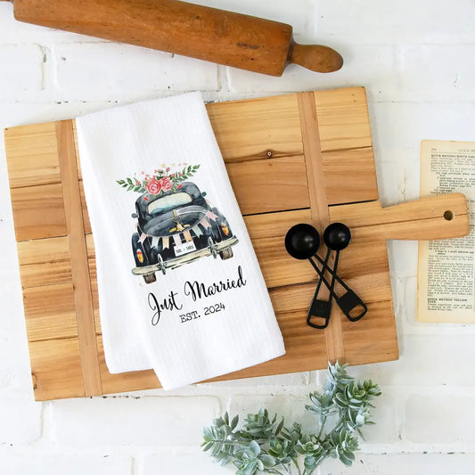 Vintage Car Just Married Waffle Weave Tea Towel