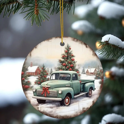 Vintage Truck Holiday Ceramic Disc Ornament