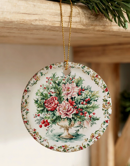 Glossy ceramic vintage Christmas floral ornament displayed with ribbon, featuring roses, holly and red berries.