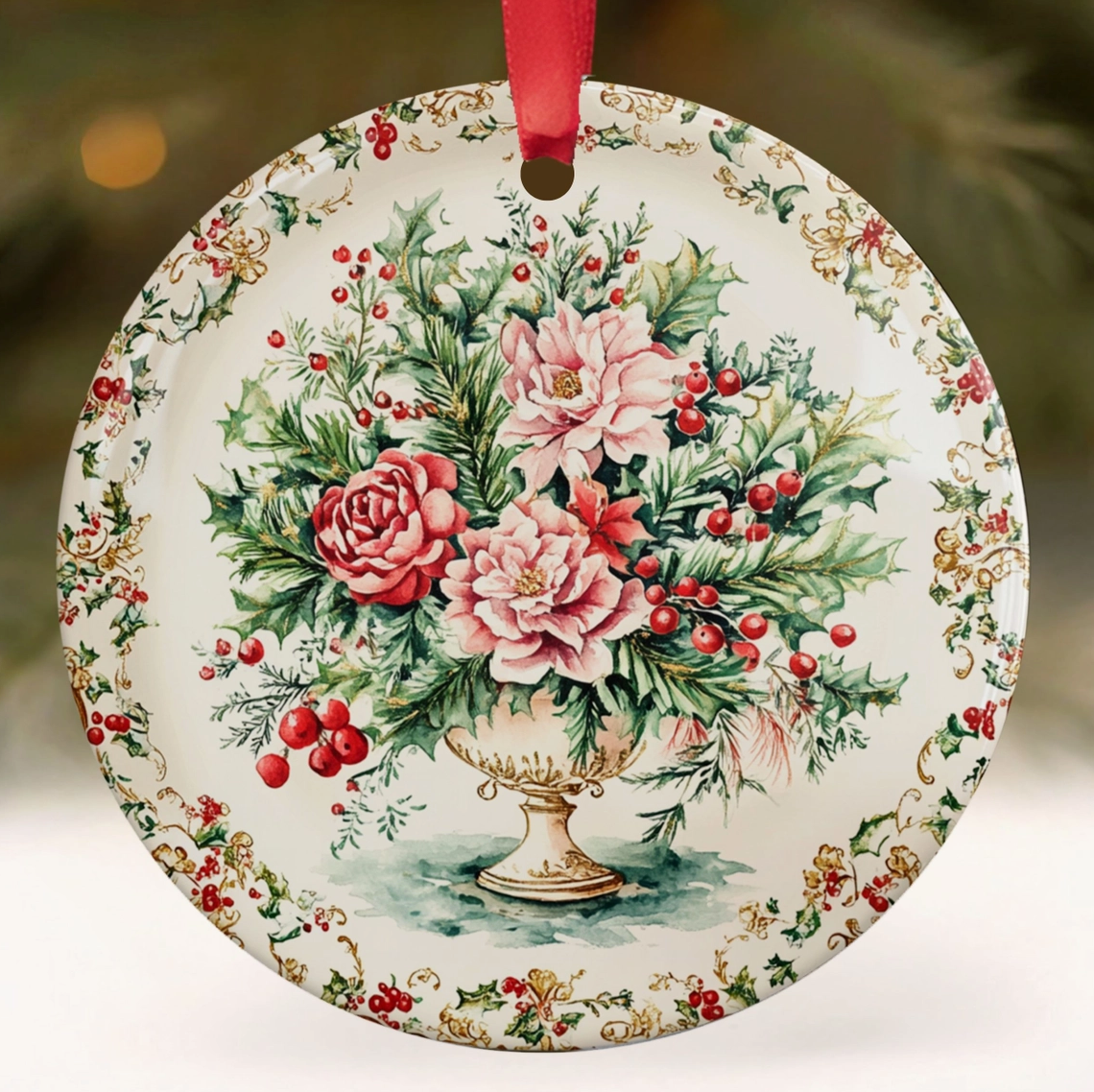 Vintage Christmas floral ceramic ornament featuring red and pink roses, holly, berries and greenery in a pedestal vase.