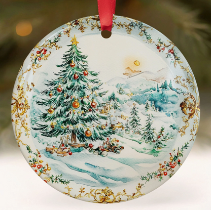 Vintage Christmas tree ceramic ornament in gift box featuring a snowy winter landscape and ornate holiday china-inspired border.