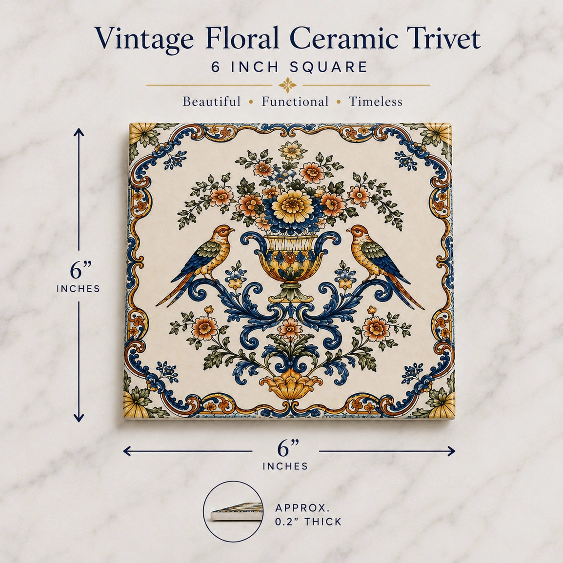 Vintage floral ceramic trivet featuring two birds, a decorative flower urn, and ornate blue-and-gold scrollwork, measuring 6 inches square.