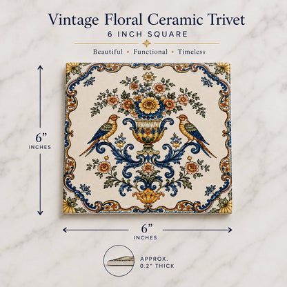 Vintage floral ceramic trivet featuring two birds, a decorative flower urn, and ornate blue-and-gold scrollwork, measuring 6 inches square.
