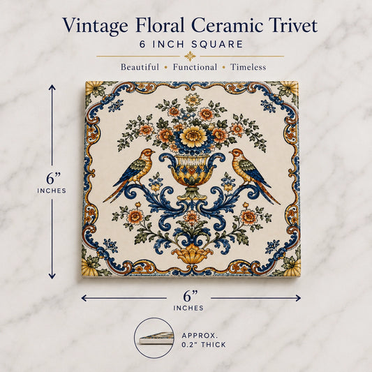Vintage floral ceramic trivet featuring two birds, a decorative flower urn, and ornate blue-and-gold scrollwork, measuring 6 inches square.
