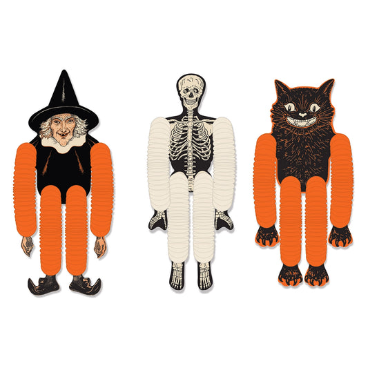 Three Halloween-themed figures: a witch, skeleton, and black cat on a white background