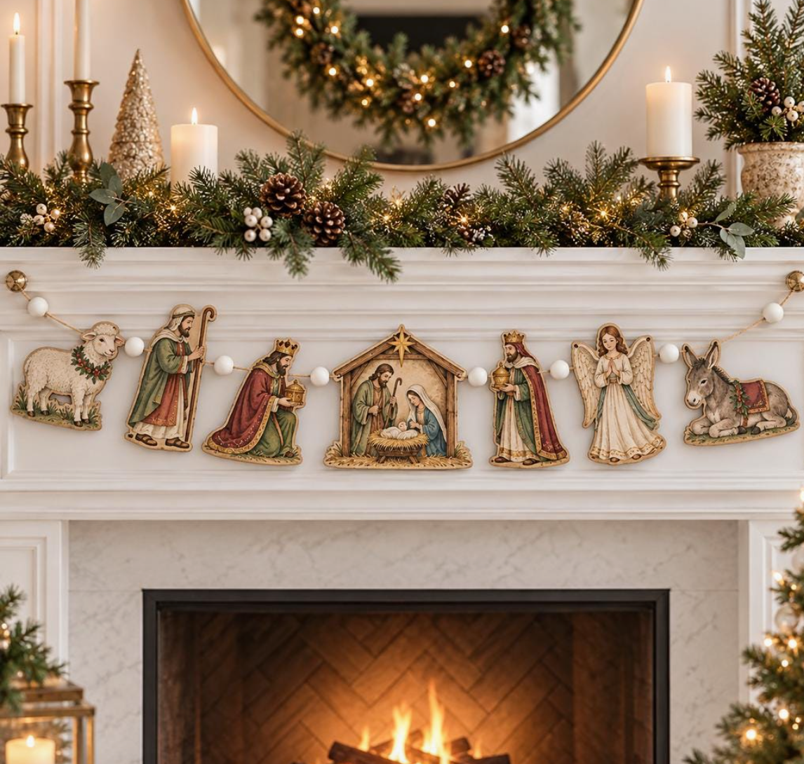 Vintage wooden Nativity Christmas garland with seven illustrated religious figures and white beads displayed across a decorated fireplace mantel.