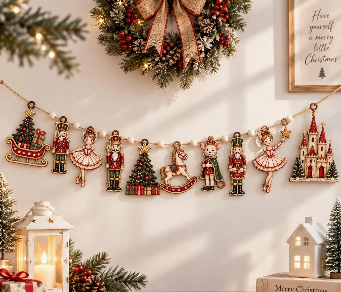 Vintage Nutcracker ballet wooden Christmas garland with red and green nutcracker soldiers, ballerinas, sleigh, rocking horse, Christmas tree, castle, wooden beads, and jute rope.