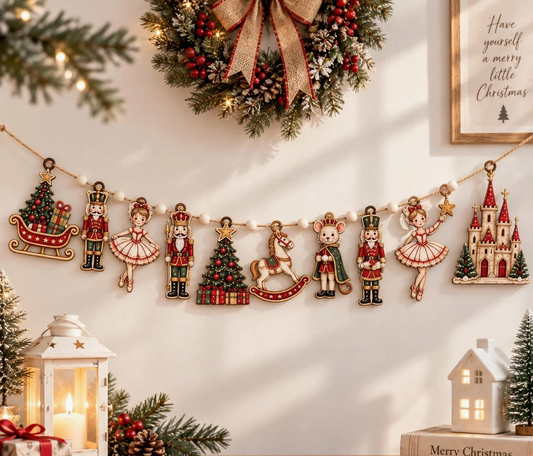 Vintage Nutcracker ballet wooden Christmas garland with red and green nutcracker soldiers, ballerinas, sleigh, rocking horse, Christmas tree, castle, wooden beads, and jute rope.