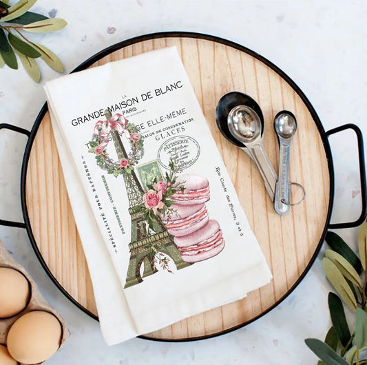 Vintage Paris France Pink Macarons Cotton Tea Towel