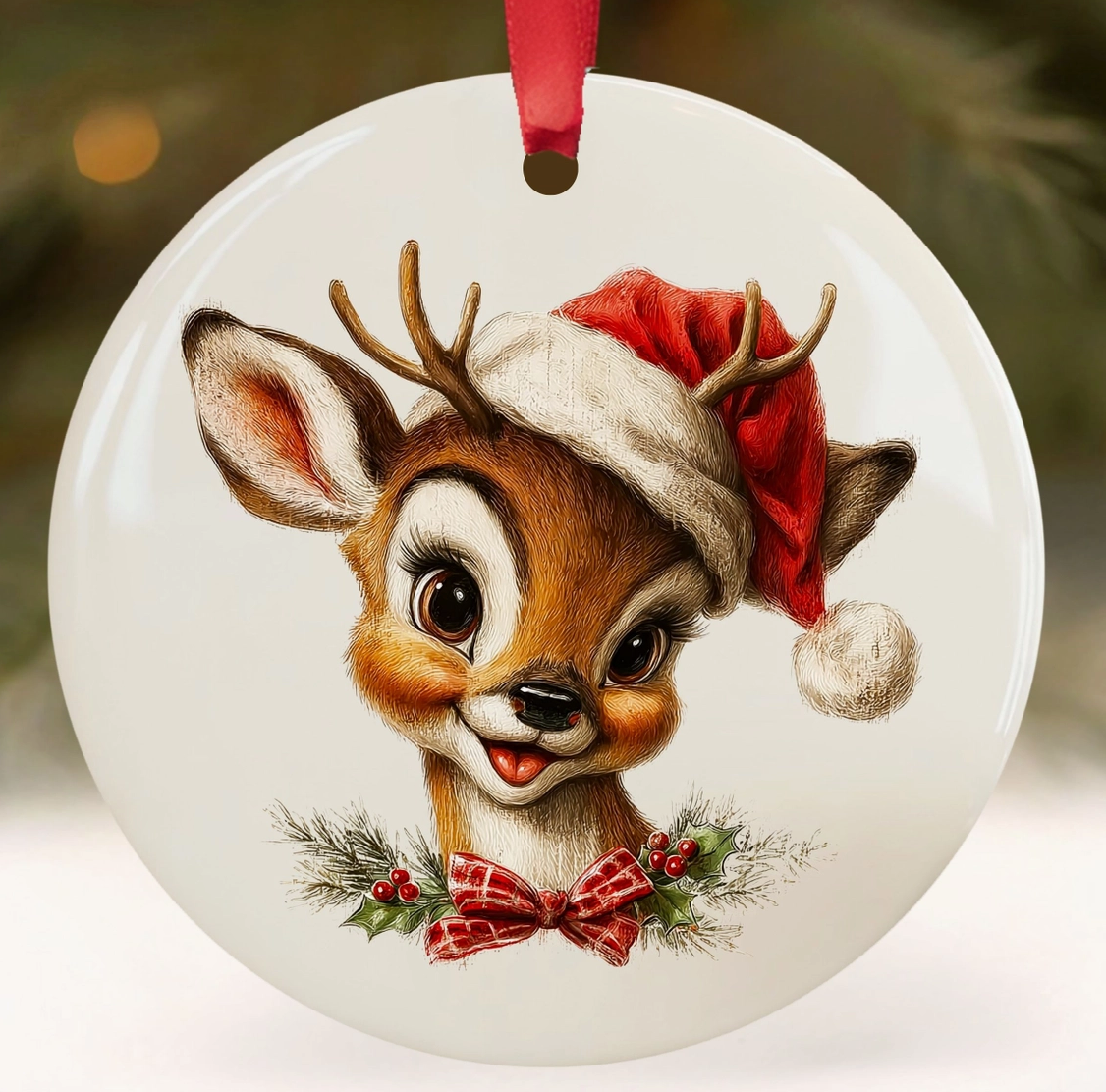 Vintage reindeer Christmas ceramic ornament featuring a smiling reindeer wearing a red Santa hat with plaid bow, holly and winter greenery.