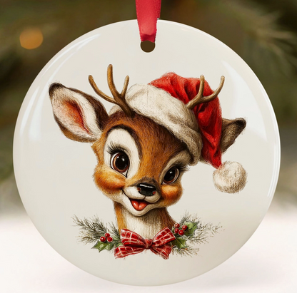 Vintage reindeer Christmas ceramic ornament featuring a smiling reindeer wearing a red Santa hat with plaid bow, holly and winter greenery.