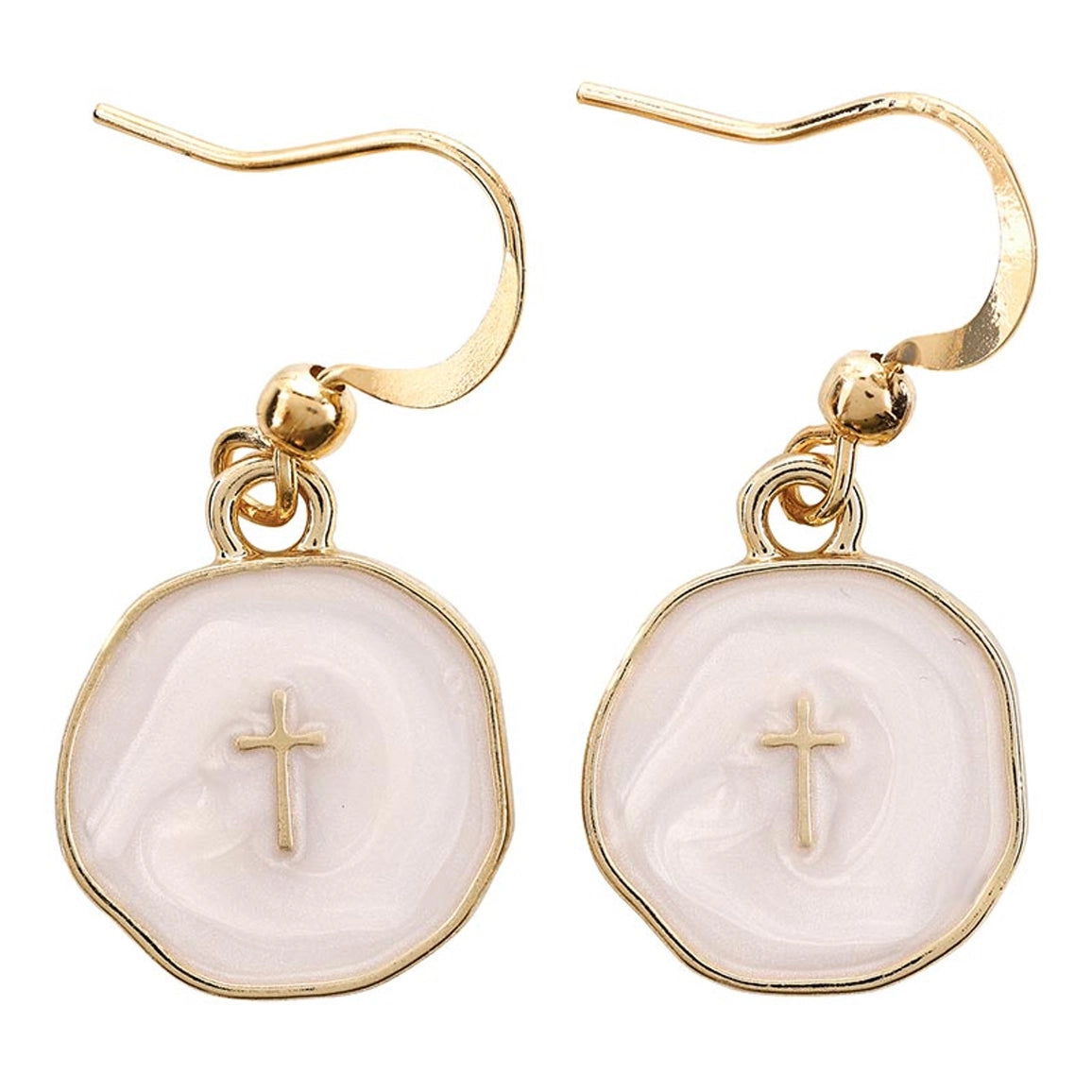 Gold earrings with pink stone and cross design on a white background