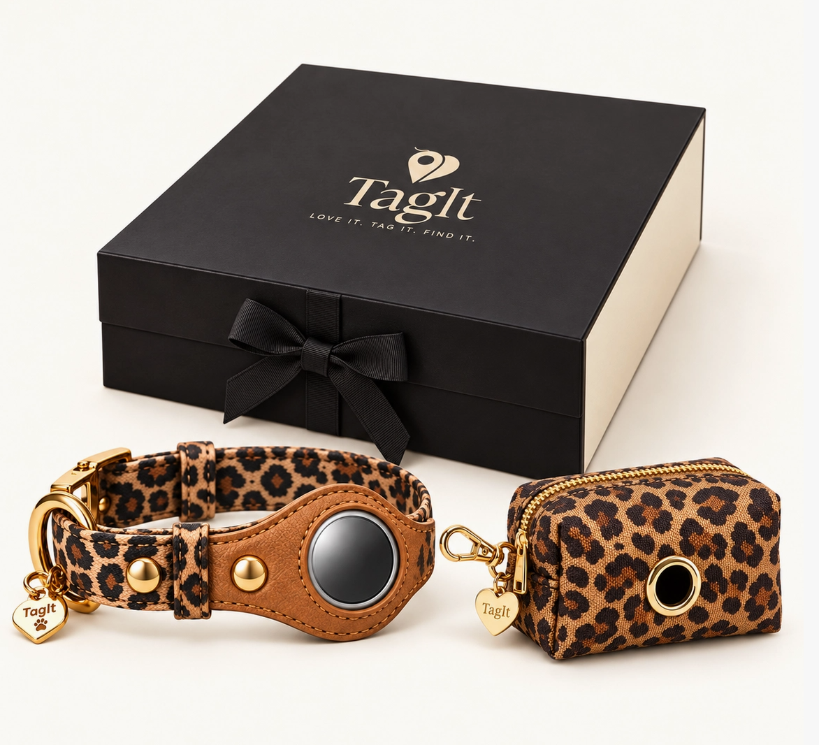 Small cream-colored dog wearing a leopard-print AirTag-compatible collar beside its owner with a matching leopard-print poop-bag holder.