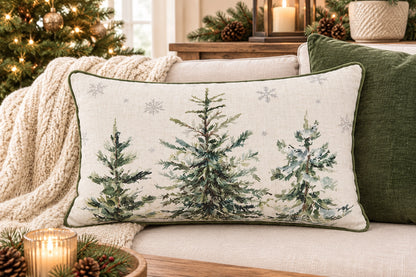 A rectangular decorative throw pillow with a watercolor-style green pine tree design on a cream background, styled on a sofa with a cream knit blanket, a dark green pillow, and holiday decor in the background.