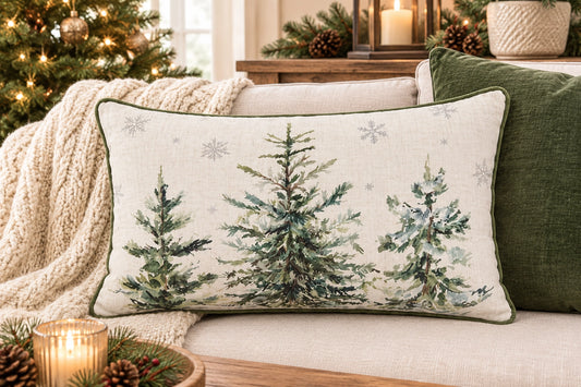 A rectangular decorative throw pillow with a watercolor-style green pine tree design on a cream background, styled on a sofa with a cream knit blanket, a dark green pillow, and holiday decor in the background.