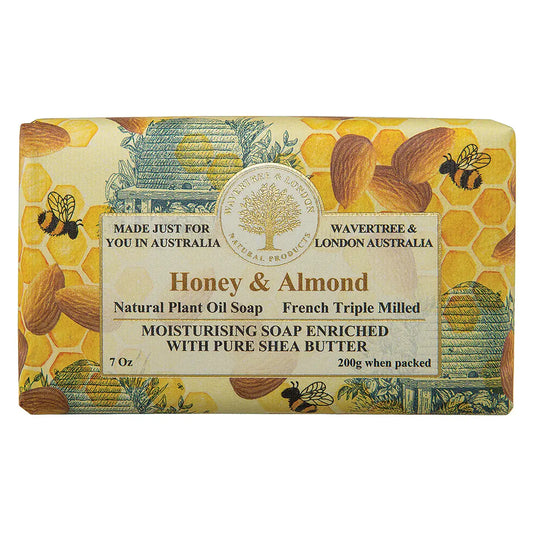 Bar of soap with honeycomb and almond design on packaging, featuring Wavertree & London Australia branding.