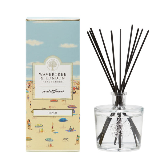 Wavertrce & London beach-themed diffuser with packaging on a white background