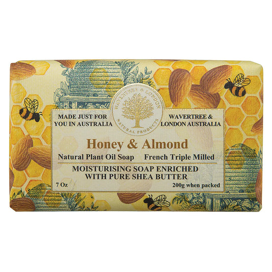 Bar of soap with honeycomb and almond design on packaging, featuring Wavertree & London Australia branding.