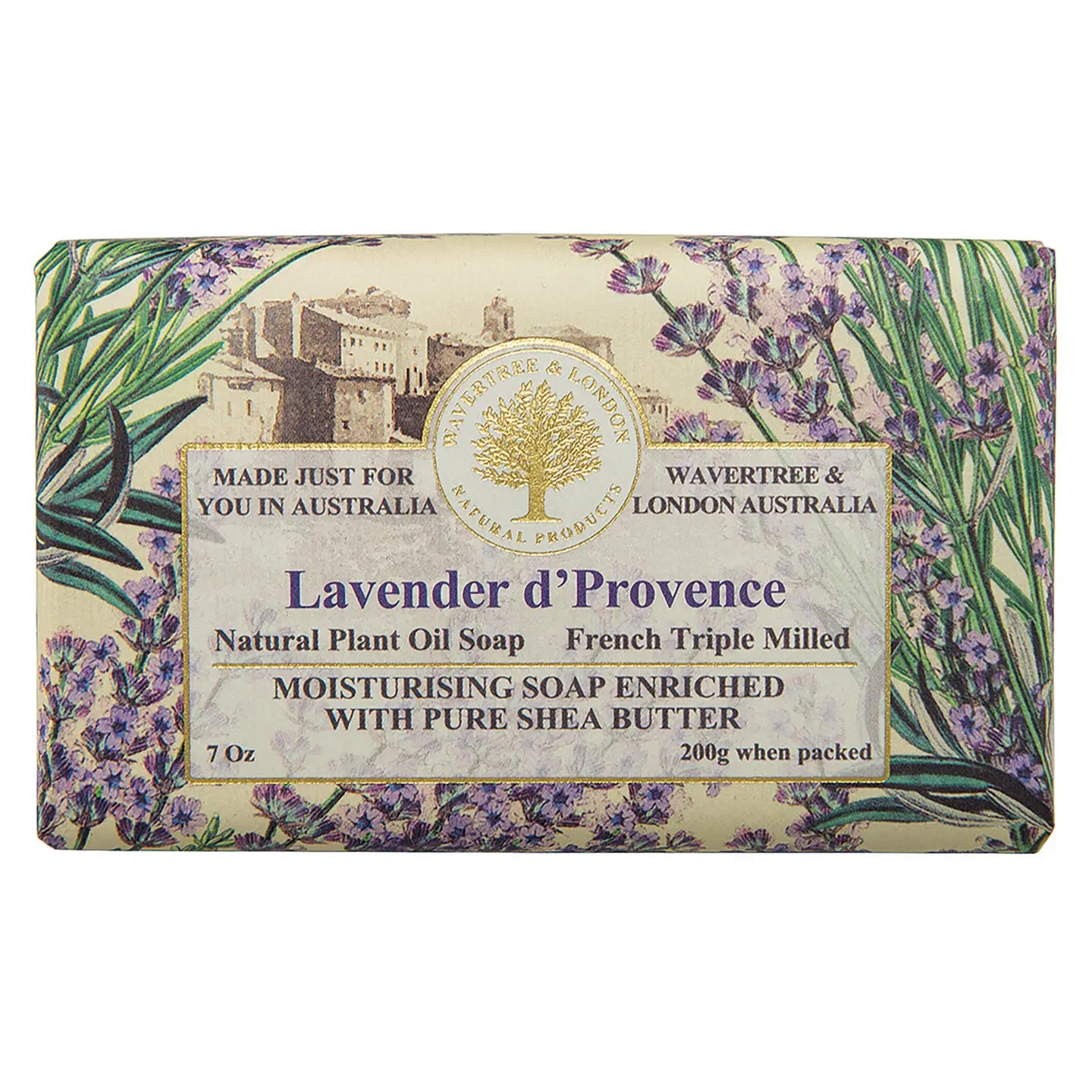 Lavender d'Provence soap bar with packaging featuring lavender and greenery on a white background.