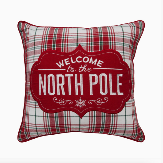 18-inch Christmas throw pillow with red, green, and white plaid fabric, red appliqué, embroidered Welcome to the North Pole lettering, and snowflake accents.