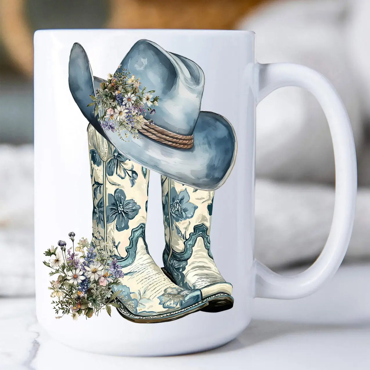 Western Blue & White Cowboy Boots Coffee Mug