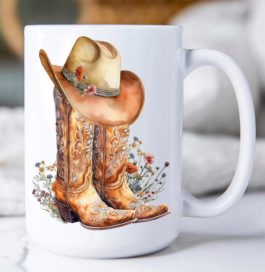 Western Cowboy Boots & Flowers Coffee Mug