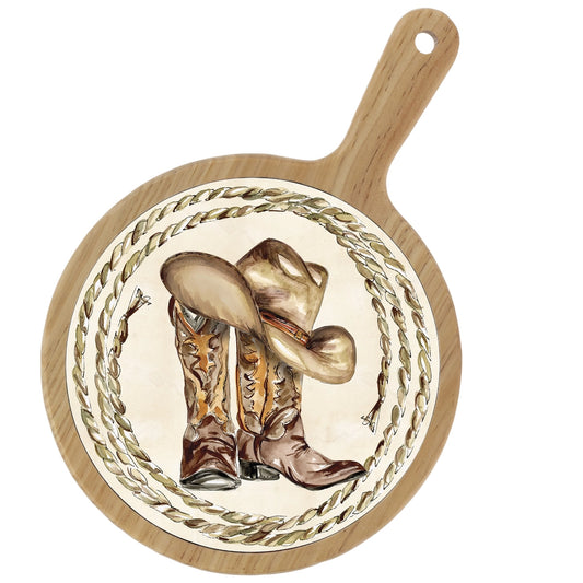 Wooden cutting board with cowboy boot and hat design on a white background