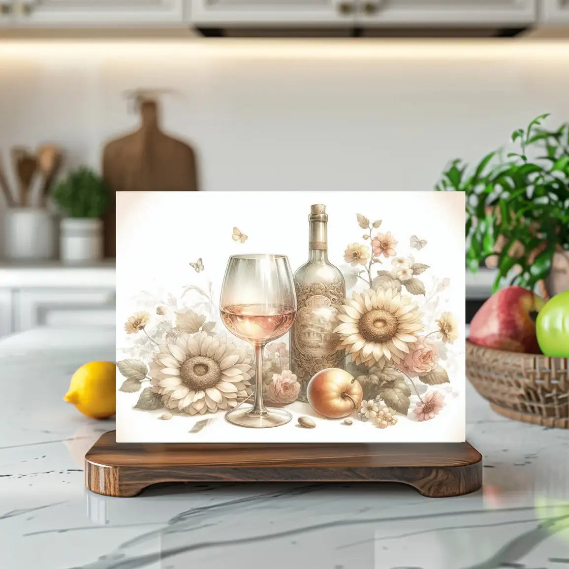 Decorative light with floral and wine bottle design on a kitchen counter