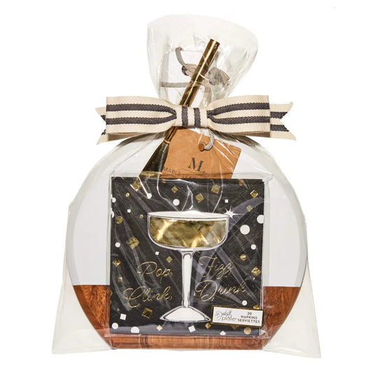 Packaged product with a bow and decorative label on a white background