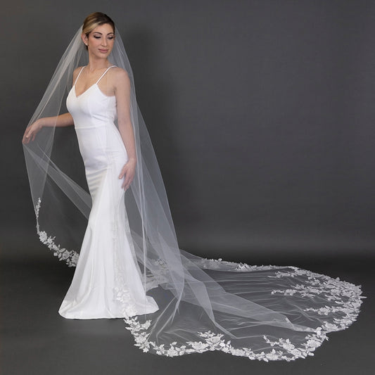 White Cathedral 120"L x 108" Floral Lace Vine Appliqués Veil
