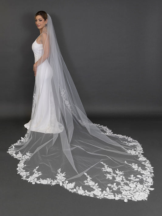 White floral lace vine appliqué detail with sequins and crystals on cathedral wedding veil