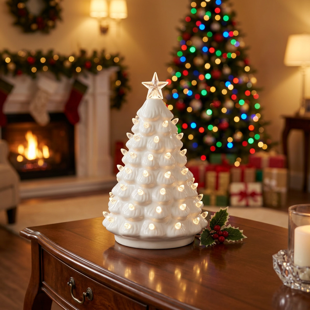 White ceramic Christmas tree figurine with glossy layered branches, clear LED lights, and translucent star topper, measuring approximately 8 inches tall.